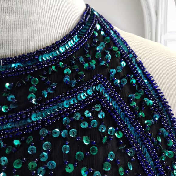 Vintage 90s Sequin Formal Prom Evening Dress Size L Halter Neck Thigh Slit - Picture 10 of 16